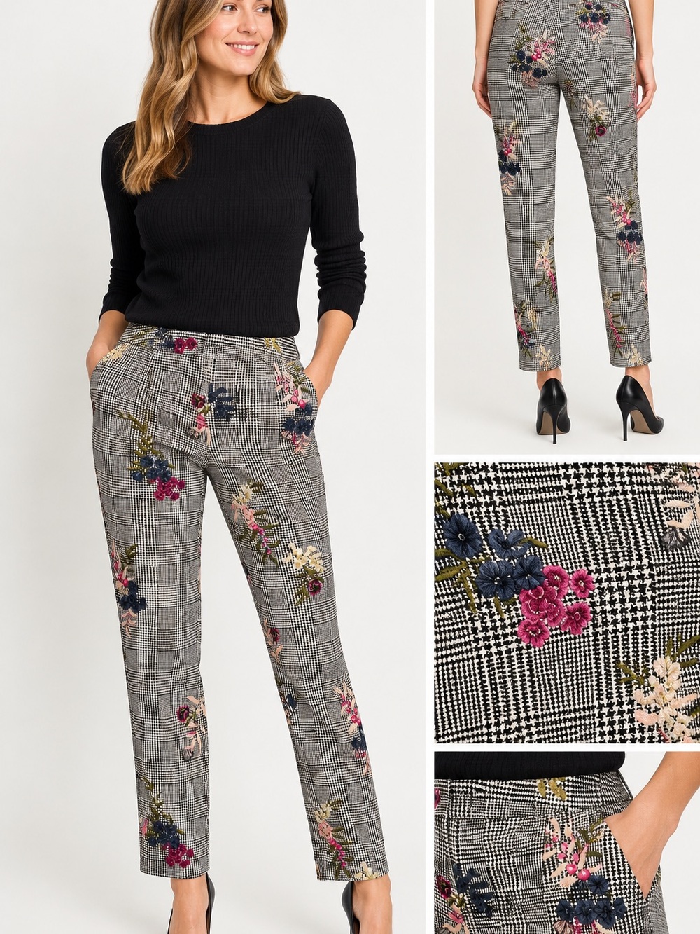 Kayari Blue Floral Plaid Ankle Pants Size 14 Straight Leg